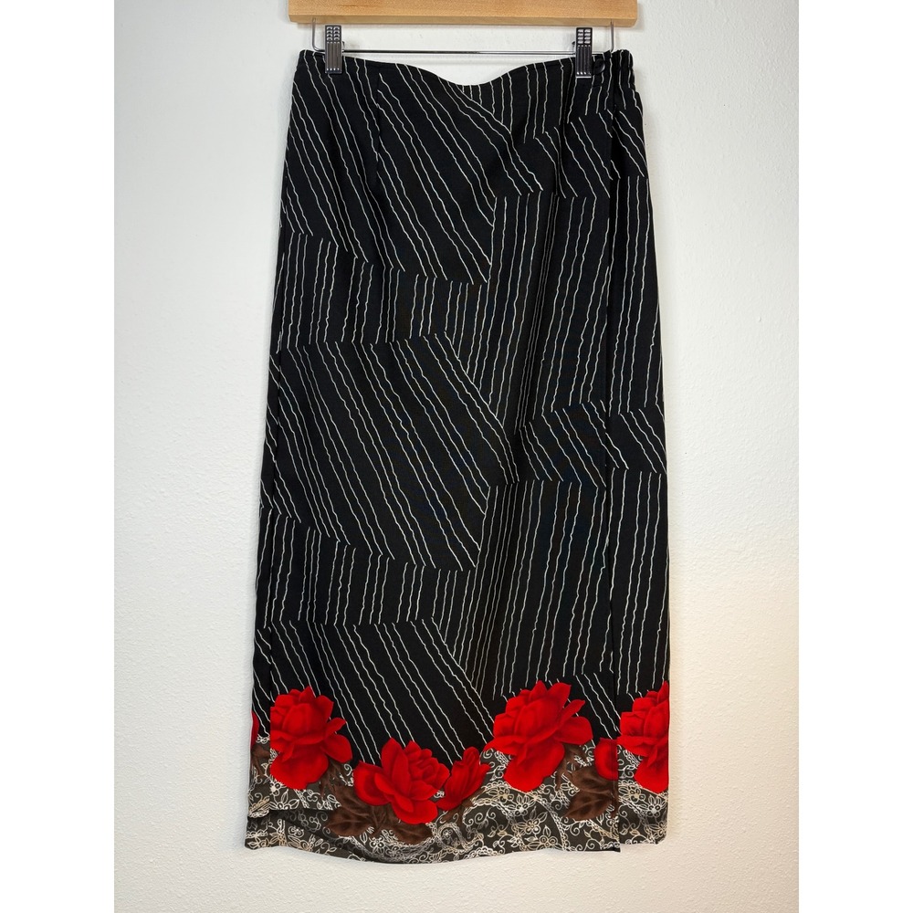 Sag Harbor 90's Petite Floral Striped Maxi Skirt‎ Size 10P Black Red